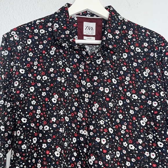 Zara Slim Fit Black Navy Floral Long Sleeve Button Down Men’s Size Large - Picture 6 of 12
